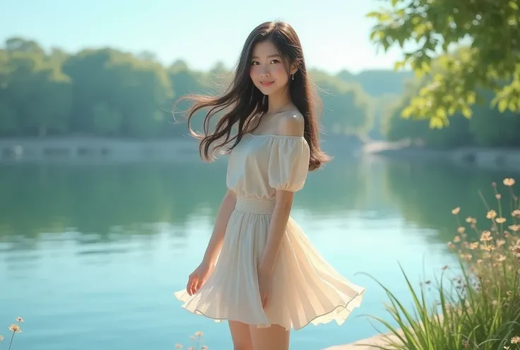 Cute asian girl, 20 years old, skirt, on a breezy lake, long straight hair, high resolution, wink