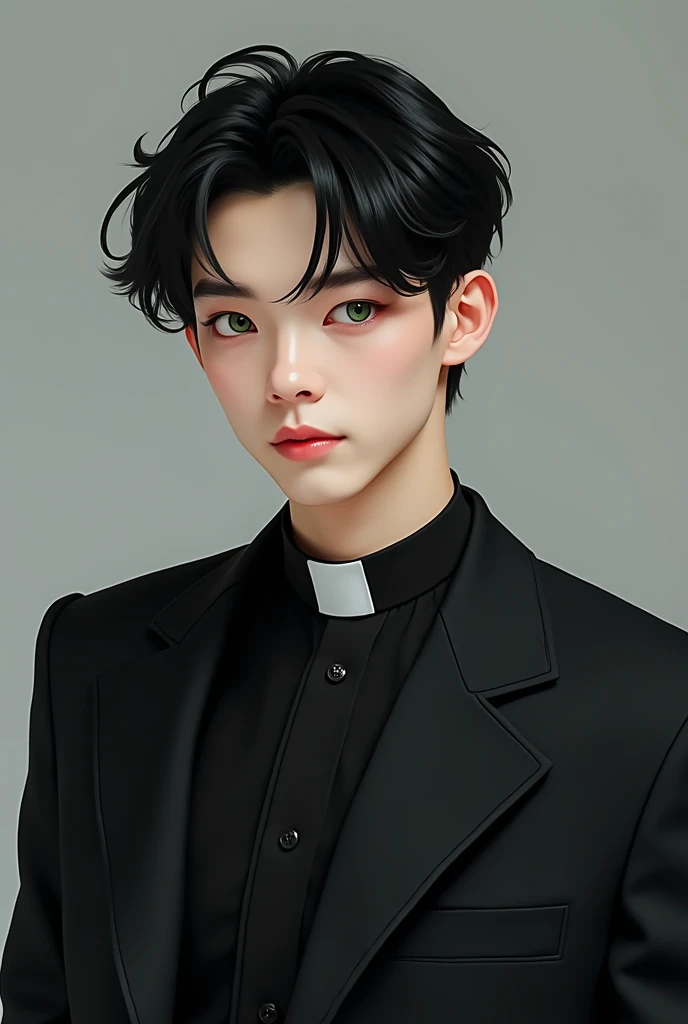 A young man (about twenty-three years old), with white skin, black hair, kpop idol style, green eyes, with a black suit and priest&#39;s collar 