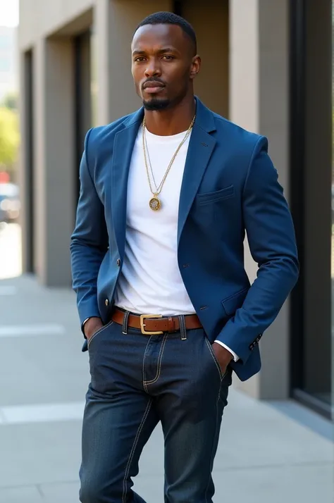 Create an outfit that is well suited for a brown skin man with a black pant and a white tshirt and a blue jacket 