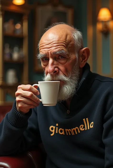 Could you generate me an image of a very old man?,bald, without a beard,with the skin hanging under the chin, who wears a sweater with written on it:"Giammella" while sipping an espresso in a 19th century or neoclassical style bar?