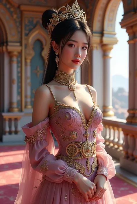 Beautiful Asian woman beauty queen violet eyes slim dressed as Steampunk noble in palace on Venus 