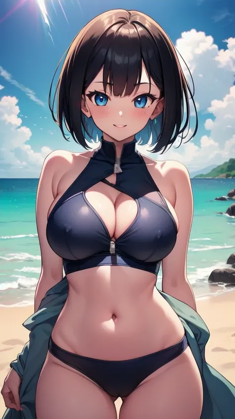 (masterpiece:1.2), (best quality:1.2), (intricate details:1.2), (anime coloring:1.1), Explicit, ((top-quality)), offical art, official style, anime screencap, nsfw, whole body, full body, solo girl, black hair, blue eyes, bob cut hair, big breasts, mature ...