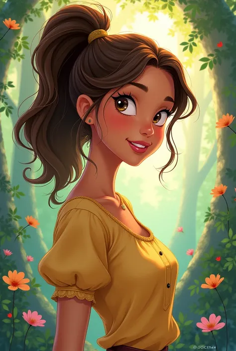 A drawing of a woman with hair tied in a ponytail, brown hair, brown skin and I want it to be a Disney drawing written Joicem

