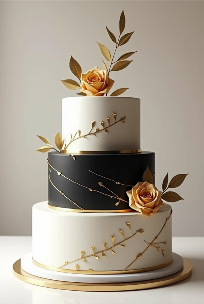 Design a three-tier cake image, first white level, second level black and third level white, with simple gold decorations and medium-sized gold roses