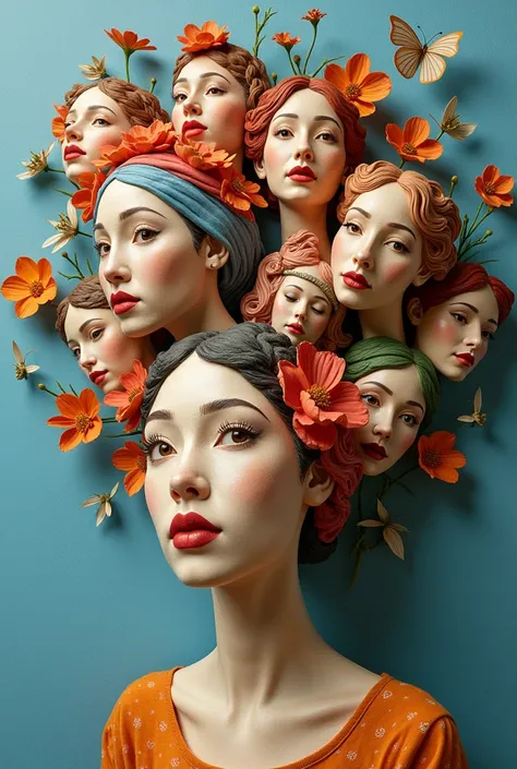 Images of expressionist artwork of multiple floating ceramic heads of Dominican women, 3D Collage, Do something weird and gallery-worthy