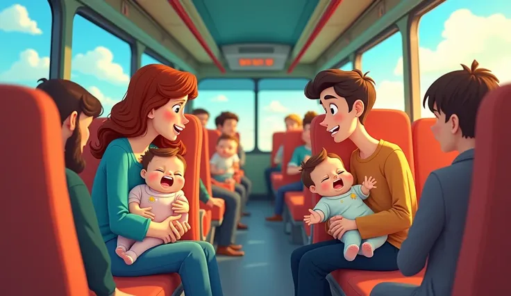 The parents on the bus go shh shh shhon crying babies. Animation cartoon 