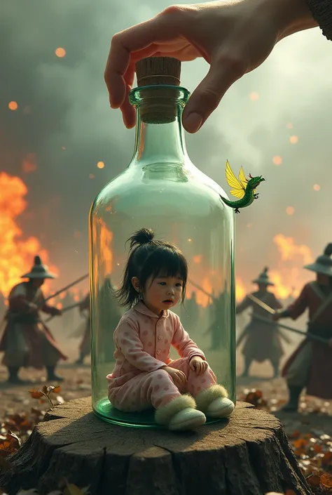 A hyperrealistic fantasy image of a tiny Asian woman wearing a polka dot pajama and fluffy slippers, kneeling inside a giant glass bottle placed on a wooden log, with a background of warriors in a fiery battle, and a mysterious hand holding the bottle with...