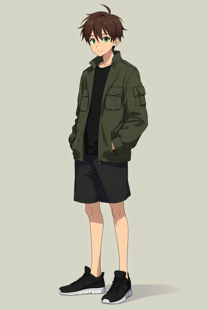  anime boy, short brown hair, green eyes, black shirt, dark green combat style jacket, black shorts, black sneakers, tender look