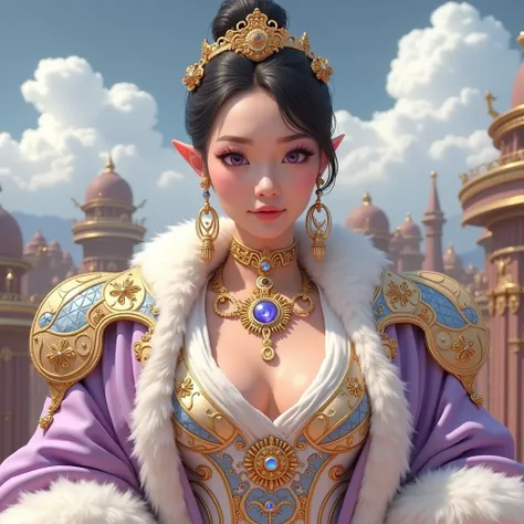 Beautiful Asian woman beauty queen violet eyes slim dressed as Steampunk noble in palace on Venus 