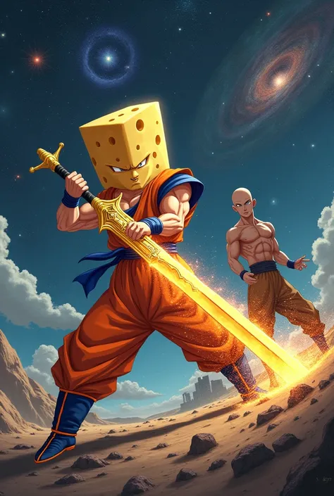 Create an image of a cheese with a galactic sword and a bald Goku in space with a prison in the background