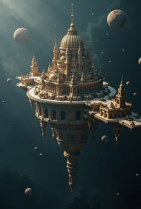 a huge very old ruins of ancient city with Ancient European Architecture is floating In Outer Space as a space ship, advanced culture and civilization can be seen, many meteorites are drifting around, very beautiful Ancient Architecture landscape photo,ver...