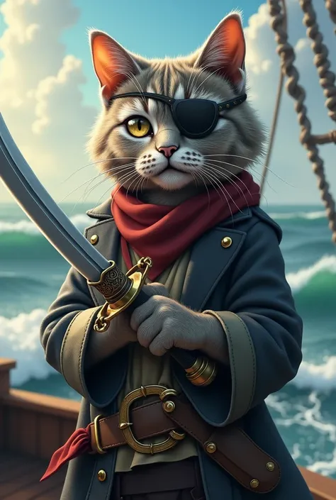 gray pirate cat, with an eyepatch and a sword