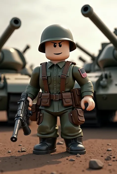 A picture of a roblox character with a gun in his hand, with the theme of World War, with several tanks on the side.