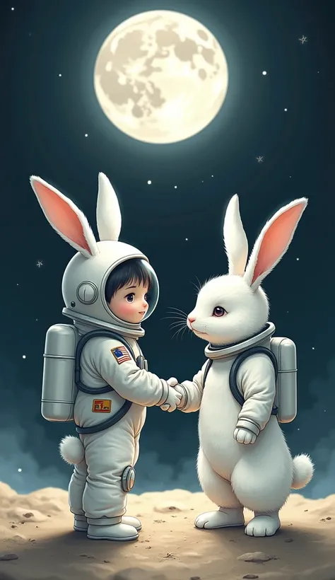 The Little white Rabbit, who wears the spacesuit and spacehelmet says goodbye to the bigger White Moon Rabbit, who doesnt wear spacesuit. They are shaking hands.