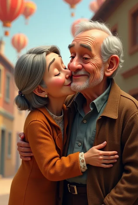 Old people Couple from the movie up of young people,  She giving him a kiss and he looking straight ahead in Pixar style 