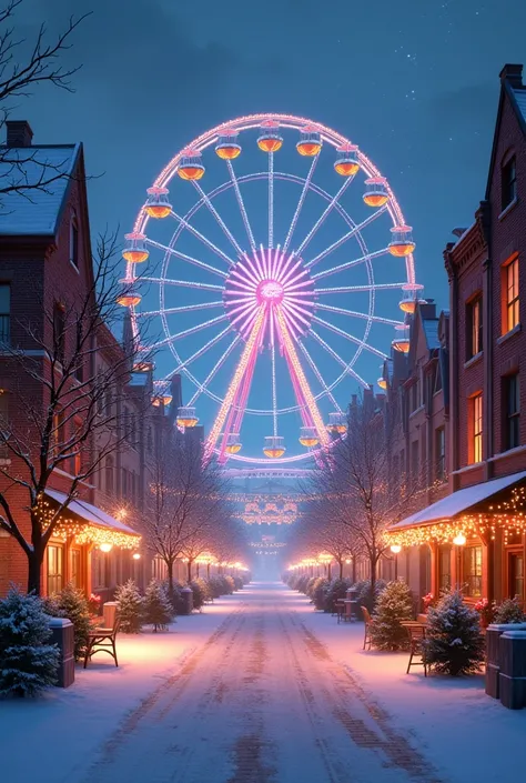 A city with snow, des illuminations de noël et une grande roue