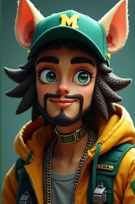 You can create a character similar to Ratchet and Clan dressed as a rapper who has a cap, light green eyes, a beard like Anuel AA&#39;s and is dressed like a rapper in a rap pose but his ears can be seen on the cap..