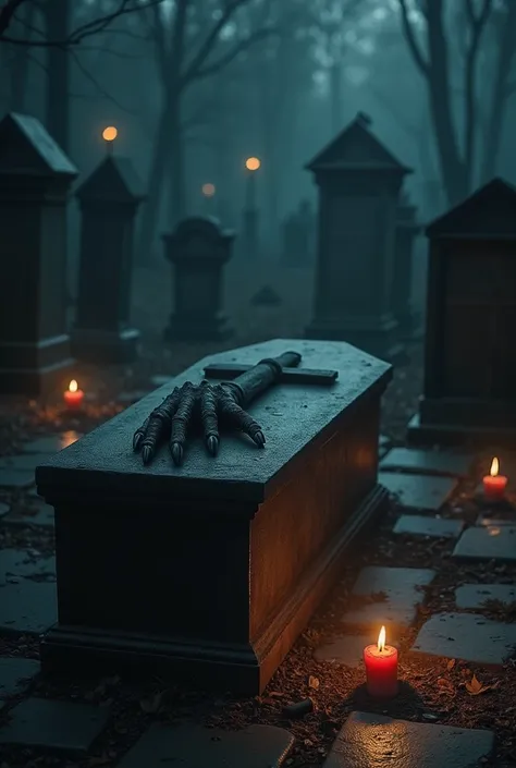 work of art, a coffin in a dark cemetery with lit candles on the floor and graves better quality uhq, the coffin has the door ajar and has a claw coming out of the side opening with details