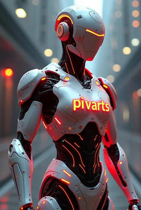 “A stylized graphic of a Cyborg figure with the word ‘PIVARTS VLOGS’ integrated into its design. Cyborg is depicted in a sleek, metallic silver and red color scheme, with glowing tech elements across his body. 3D effects give the illusion of robotic parts ...