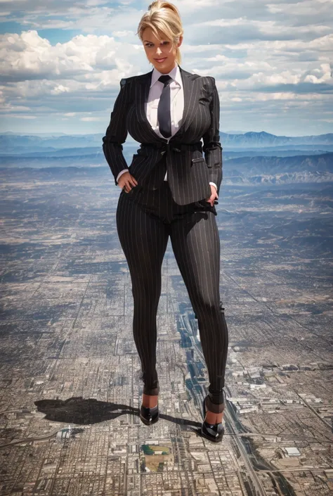 Young adult women beautiful curves a massive thighs blonde hair in a ponytail lipstick wearing a perfect perfect tailored grey pinstriped trouser suit and blazer, crisp white shirt and large broad windsor knot tie,colossal breasts. Platform high heels , st...