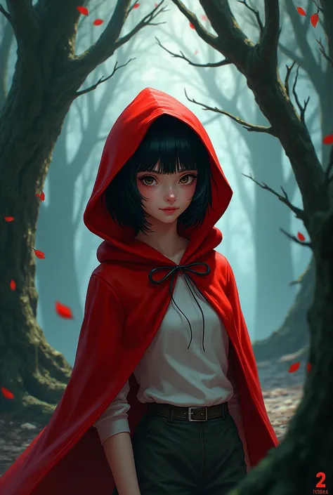 Little Red Riding Hood with short black hair and along with the number 2