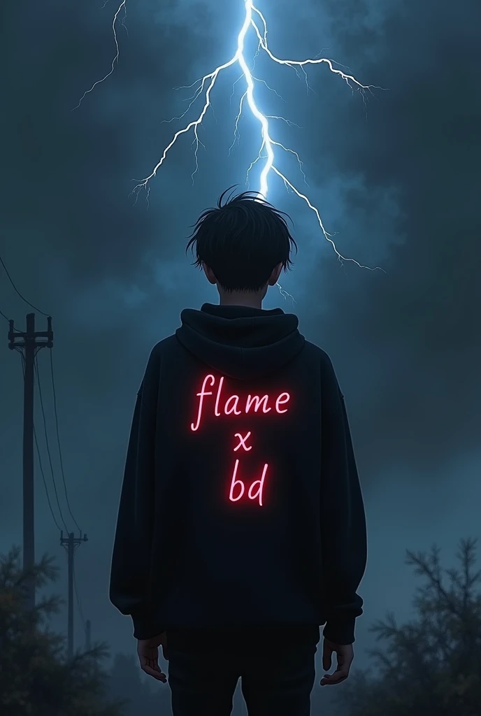  A  alone boy Broken sad the boy will have a lighting downand the boy will be wearing a black color sweater and "FLAME X BD" will be written in neon color on the back of the sweater.