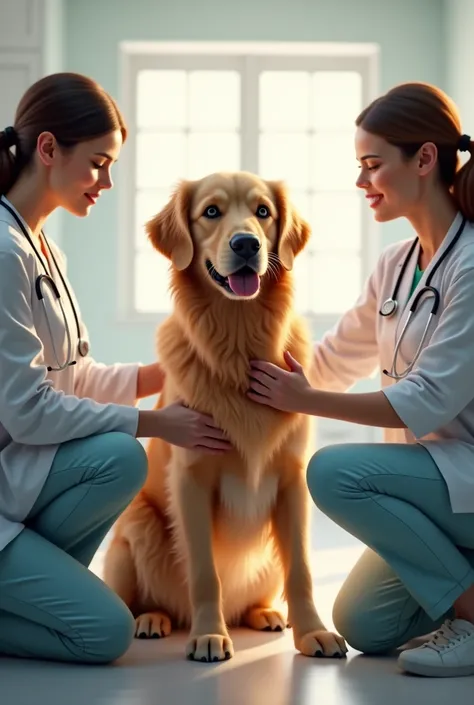 golden retriever accompanied by two veterinarians