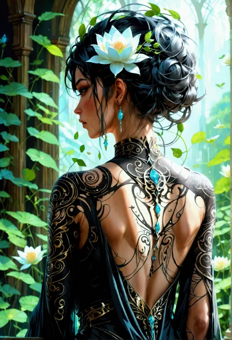 Arafed, Dark fantasy art, fantasy art, goth art, a picture of a tattoo on the back of a female elf, a glowing tattoo of a ((white lotus: 1.3)) on the elfs back, the ((lotus 1.3), she wears a transparent black dress, the dress is elegant, flowing, elven sty...