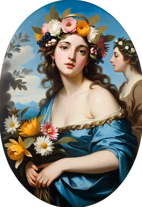 [fon: makhagon] a painting of a woman with a flower crown on her head, girl with a flower head, female portrait with flowers, portrait of circe, portrait of teenage aphrodite, allegory of winter, inspired by Domenico Quaglio the Younger, a young woman, ins...