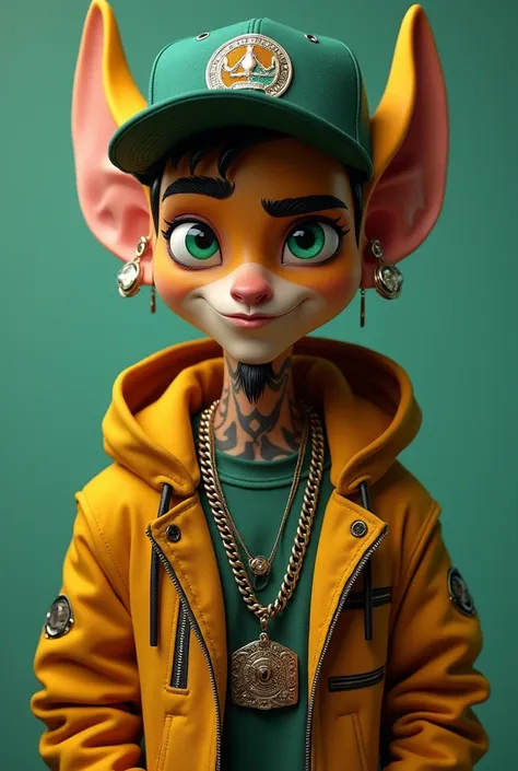 You can create a character similar to Ratchet and Clan dressed as a rapper who has a cap, light green eyes, a beard like Anuel AA&#39;s and is dressed like a rapper in a rap pose but his ears can be seen on the cap..