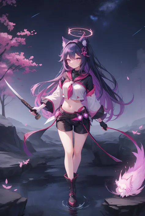 solo, full body, very long hair, starry hair, black hairband, white shirt, very short shirt, stomach, fox girl, fingerless gloves, katana in hand, white gloves, tactical gloves, black shorts, very short shorts, ninetales, halo behind head, big halo, glitch...