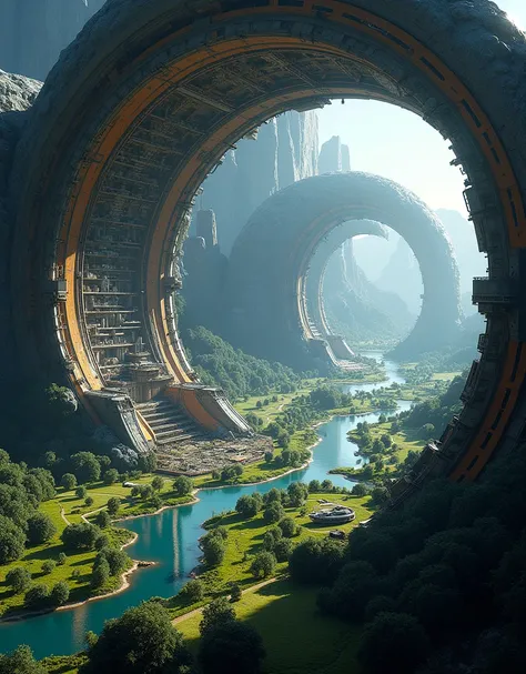 A breathtaking view of a futuristic space colony, designed as a massive cylindrical structure floating in the cosmos. The interior of the cylinder reveals a meticulously planned cityscape with lush green areas, shimmering lakes, and agricultural zones. The...