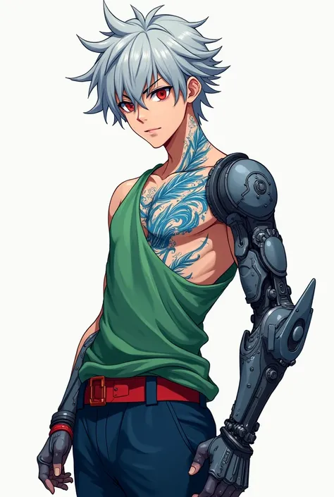 The image of a young anime-style boy with athletic appearance, silver hair and red eyes, wearing an asymmetrical green top that reveals an intricate blue tattoo on her chest and left arm, that is cybernetic. Its mechanical arm combines futuristic details a...