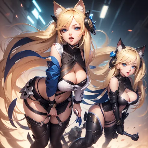 Layla from Mobil of leagues Masterpiece, blond hair, twin tails, breasts, cat ears, Modo kemonomimi, blue eyes, tongue out, Multiple views, with artillery weapon 