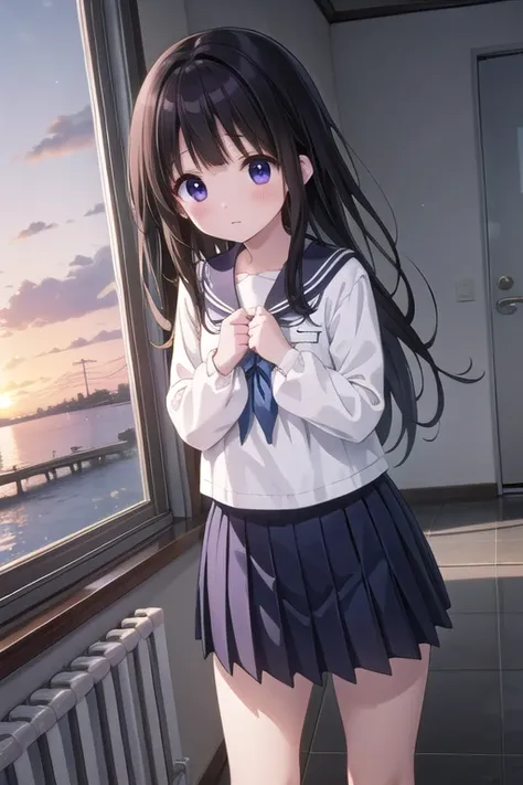 masterpiece,One Girl,,blush,sunrise,classroom,(Good luck) Clenched hands, Viewers are searching for Chitanda Eru,Shining Eyes,close,Long Hair，whole body，Sailor suit，mini skirt，whole body，Navy Blue Sailor Ribbon