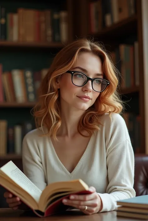 create a woman with wavy hair tied with blonde highlights who wears glasses and is holding a book