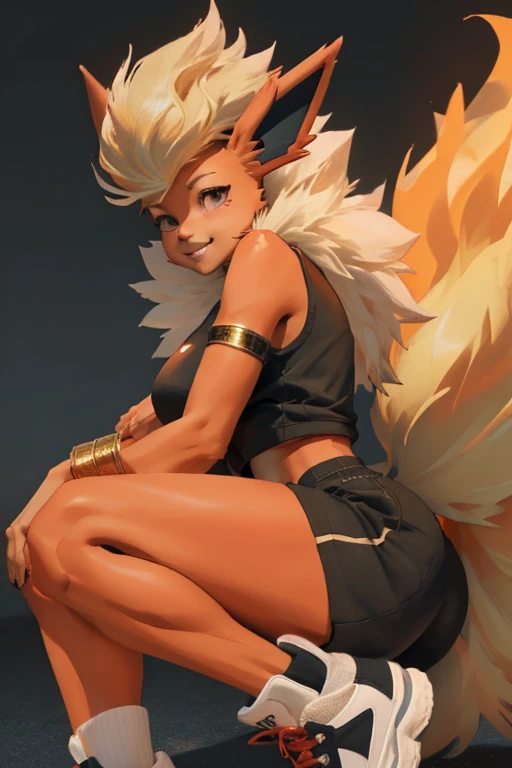 ((Flareon)), anthropomorphic, big boobs, big ass, pokemorph, (((1girl))), (((desnuda)) (black sneakers), cute and sexy, slender, red skin, (gold bracelet), long legs, smiling