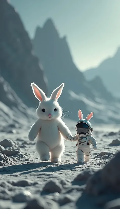 White Moon Rabbit, who has no spacesuit, leading the Little white Rabbit, who wears the spacesuit and spacehelmet, to the far side of the moon, where the view is mysterious and the atmosphere serene.