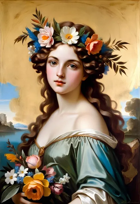 [Background: mahogany] a painting of a woman with a flower crown on her head, girl with a mahogany head, female portrait with flowers, portrait of circe, portrait of teenage aphrodite, allegory of winter, inspired by Domenico Quaglio the Younger, a young w...