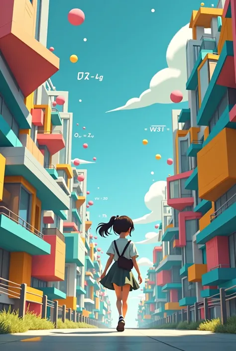 Image of a girl walking dressed in a light blue blouse, gray skirt and black shoes on a math city that includes geometric figures, numbers
