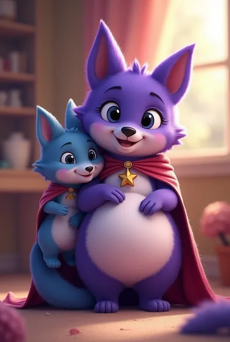 An adorable furry purple dog  (anthropomorphic) lasts: a purple cloak and cape Form: A chubby belly like pregnancy (She ate a lot)
model:2D Other character: adorable chubby furry blue coyote(her son)