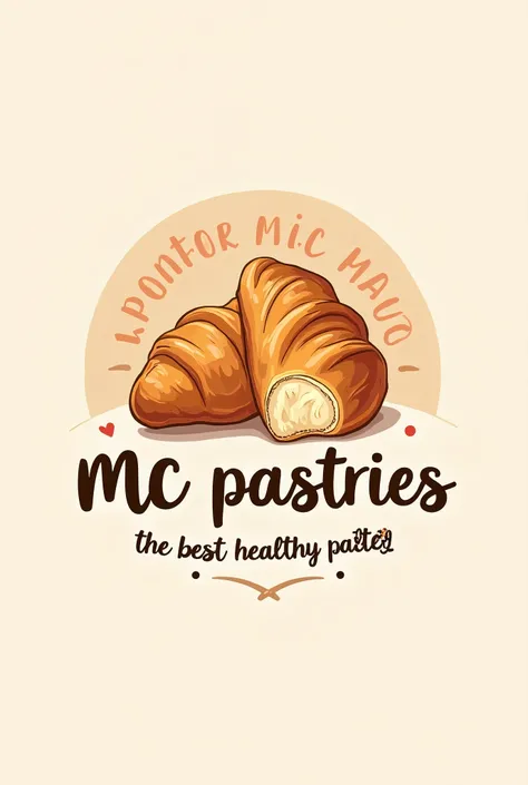 Create a logo for a bakery shop, a picture of a bitten baked pastry and a phrase on the front : "MC Pastries". logo at the bottom, smaller : "the best healthy pastel in the region". take the MC Donalds logo as a reference. Make the sentences in Portuguese.