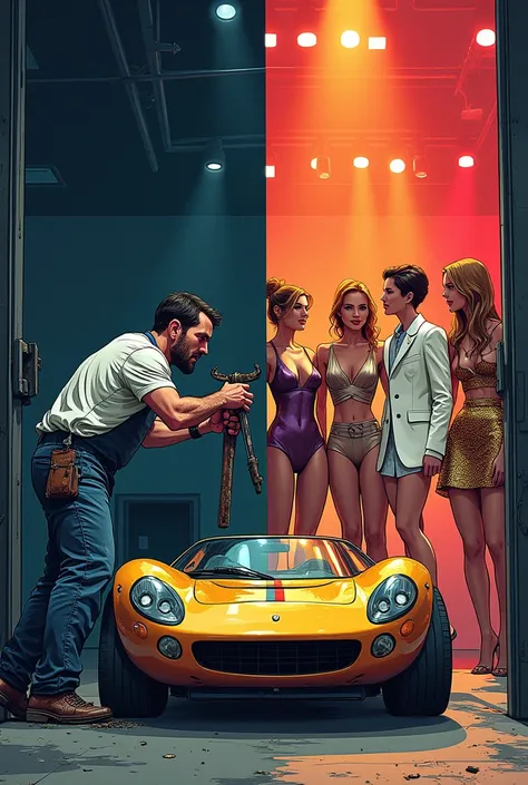 "Design a split-scene illustration that contrasts a gritty garage reality with a glamorous fantasy. On one side, depict a mechanic covered in oil and dirt, struggling with a rusty key. On the other side, visualize his daydream where hes the star of an auto...