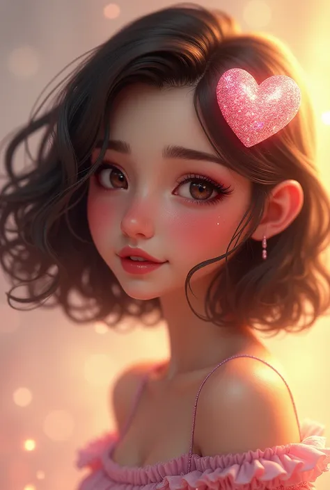 Short woman with wavy hair, with glitter heart 