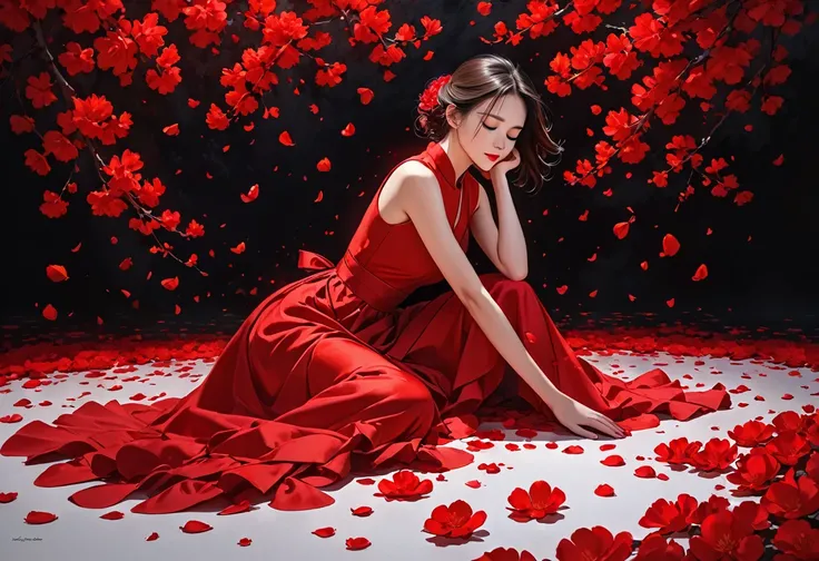 The image depicts a person wearing a sleeveless red dress, seated with their hands gently resting on a surface covered with red petals. The dark background creates a striking contrast with the bright red petals and dress, giving a dramatic effect. Scattere...