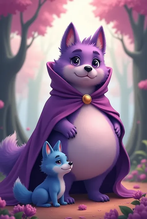 An adorable furry purple dog  (anthropomorphic) lasts: a purple cloak and cape Form: A chubby belly like pregnancy (She ate a lot)
model:2D Other character: adorable chubby furry blue coyote(her son)
Name of the female dog: Rose Name coyote(window): but