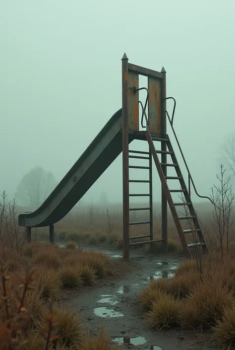 A playground but without children, ladder on one side and slide on the other
