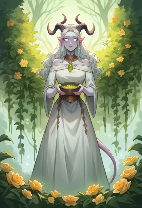 A female tiefling with pale silver skin and antler-like horns, adorned with healing herbs and flowers. She wears a simple white gown with a Celtic brooch and holds a bowl of healing water. She stands by a tranquil healing spring with sacred wells and stone...