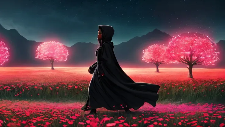 best quality, masterpiece, beautiful wild and natural fantasy landscape with glowing lights, (((Solo black girl))), (red hooded dress) Walking through a flower field))), ((Dark Skin)), beautiful, Chalk illustration, Inspired by Jakub Skaneder, Energetic, B...