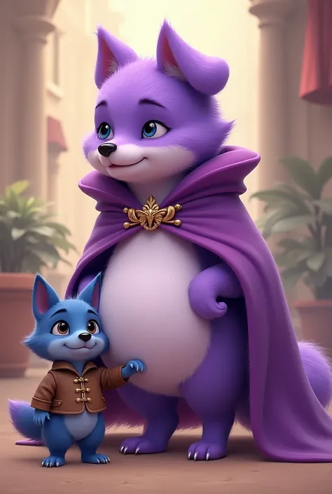 An adorable furry purple dog  (anthropomorphic) lasts: a purple cloak and cape Form: A chubby belly like pregnancy (She ate a lot)
model:2D Other character: adorable chubby furry blue coyote(her son)
Name of the female dog: Rose Name coyote(window): Sed Tr...